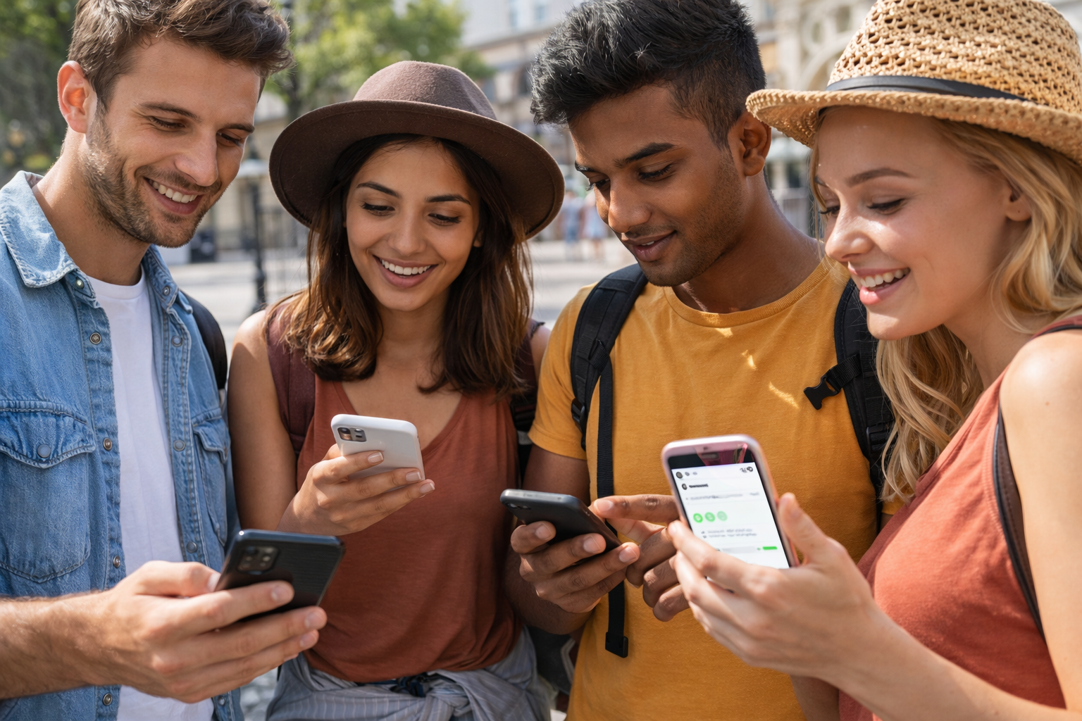 Friends on a group trip using phones to split expenses